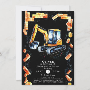 Cute Watercolor Construction Birthday Invitation