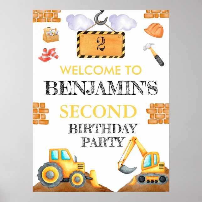 Cute Watercolor Construction Birthday Poster (Front)
