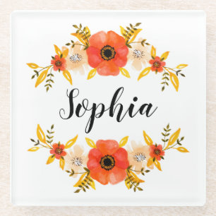 Cute Watercolor Coral Floral Wreath Custom Text Glass Coaster