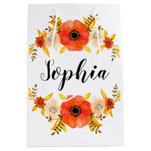Cute Watercolor Coral Floral Wreath Custom Text Medium Gift Bag