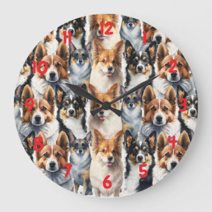 Cute Watercolor Corgi Dog Pattern                  Large Clock