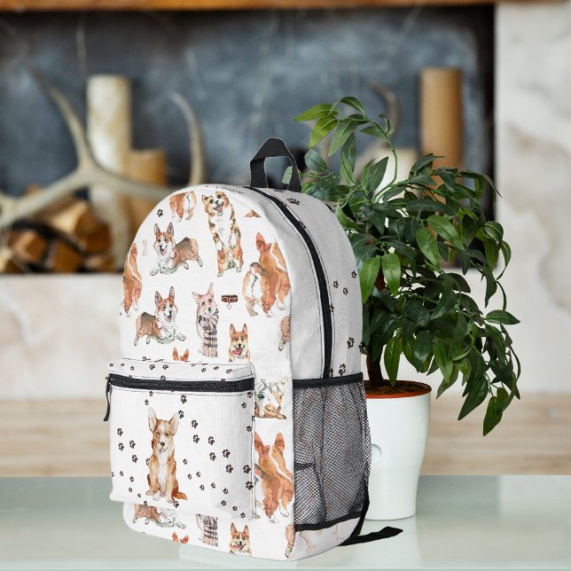 Cute Watercolor Corgi Dog Pattern Monogram Printed Backpack (Creator Uploaded)