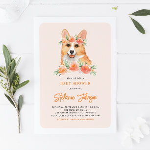 Cute Watercolor Corgi Peach Floral Baby Shower Invitation