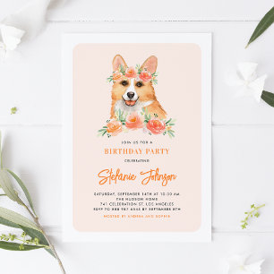 Cute Watercolor Corgi Peach Floral Kids Birthday Invitation
