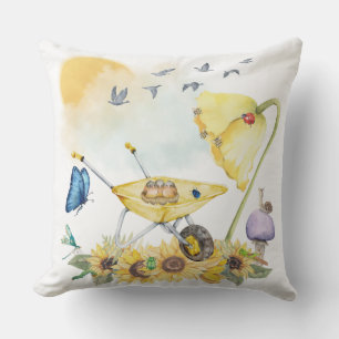 Cute Watercolor Cottagecore Yellow on White Cushion