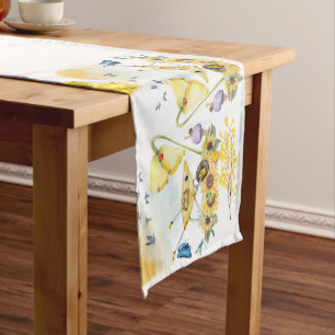 Cute Watercolor Cottagecore Yellow on white   Medium Table Runner