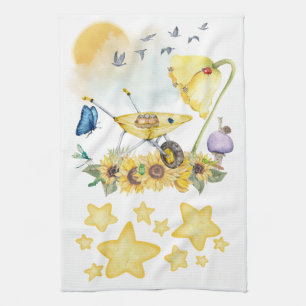 Cute Watercolor Cottagecore Yellow on white   Tea Towel