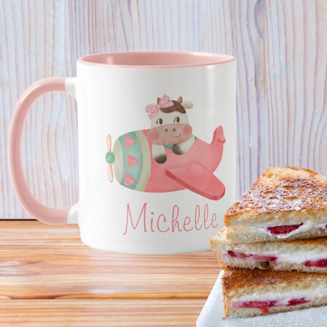 Cute Watercolor Cow in Red Aeroplane, Personalised Mug (Creator Uploaded)