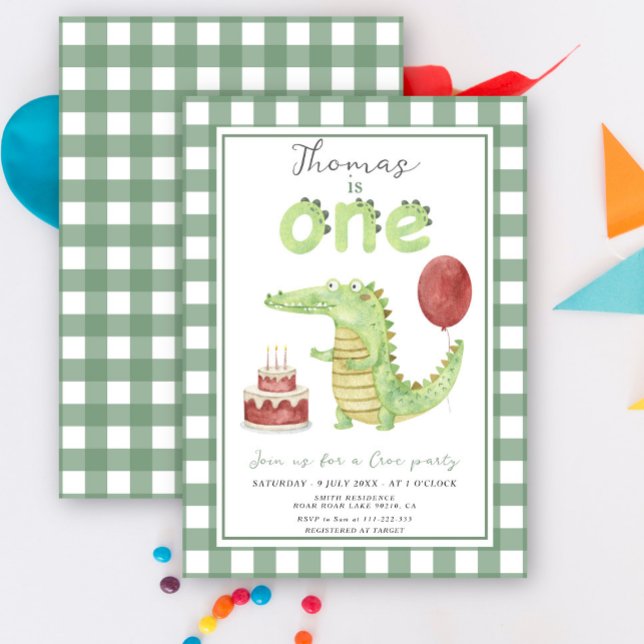 Cute Watercolor Crocodile First Birthday Invitation (Creator Uploaded)
