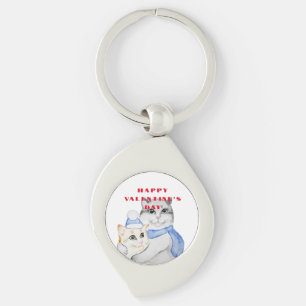 Cute watercolor cuddly cats on Valentine's Day Key Ring
