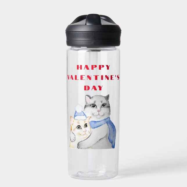 Cute watercolor cuddly cats on Valentine's Day Water Bottle (Front)