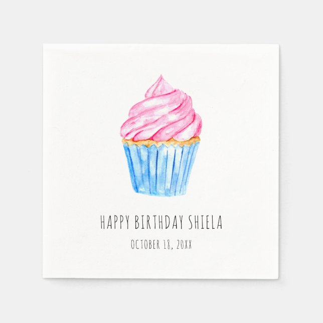 Cute watercolor cupcake pink frosting Birthday Napkin (Front)