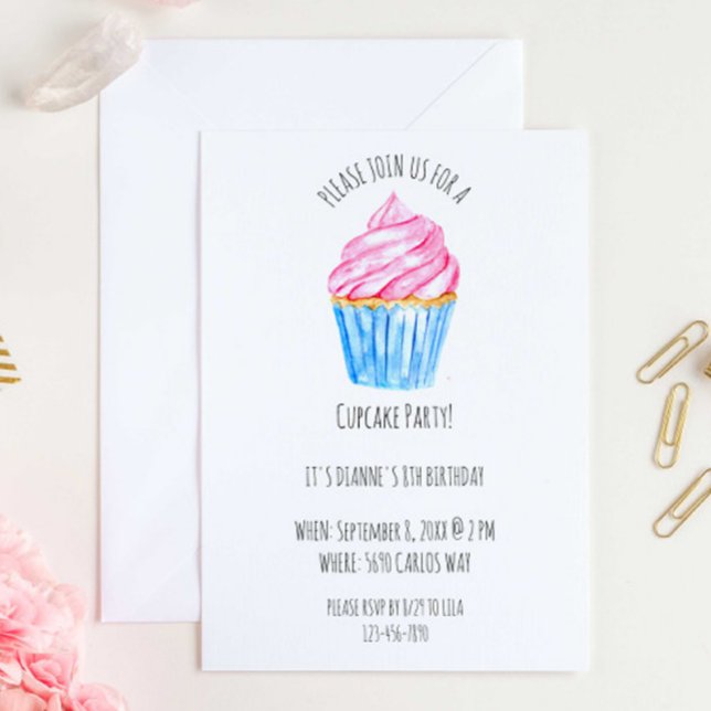 Cute watercolor cupcake pink icing birthday invitation (Creator Uploaded)