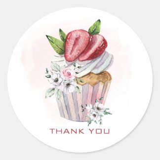 Cute watercolor cupcake, strawberry, floral classic round sticker