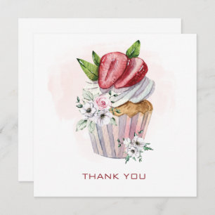 Cute watercolor cupcake, strawberry, floral thanks thank you card