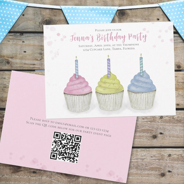 Cute Watercolor Cupcakes Whimsical Party QR Code  Invitation (Creator Uploaded)