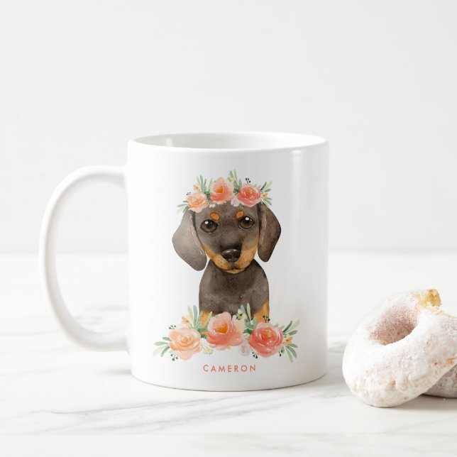 Cute Watercolor Dachshund Peach Floral Coffee Mug (With Donut)