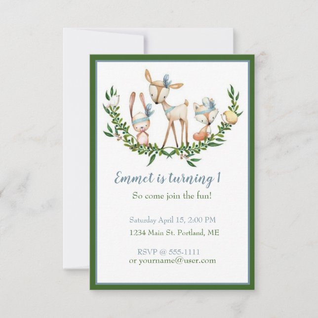 Cute watercolor deer baby birthday party invitation (Front)