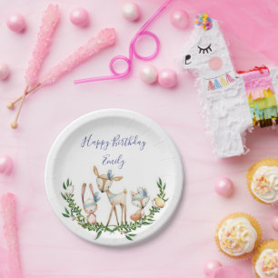 Cute watercolor deer baby birthday party paper plate