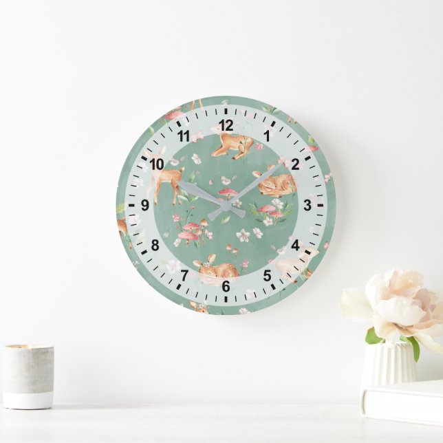 Cute Watercolor Deer Pattern Large Clock (Home)