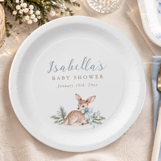 Cute Watercolor Deer Winter Baby Boy Shower Paper Plate