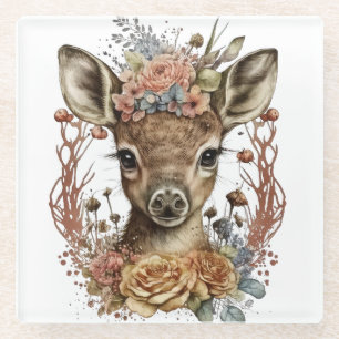 CUTE WATERCOLOR DEER WITH WREATH OF FLOWERS GLASS COASTER