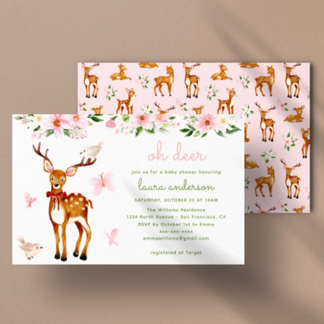 Cute Watercolor Deer Woodland Baby Shower Invitation (Deer baby shower invitation with pink and green watercolor painting)