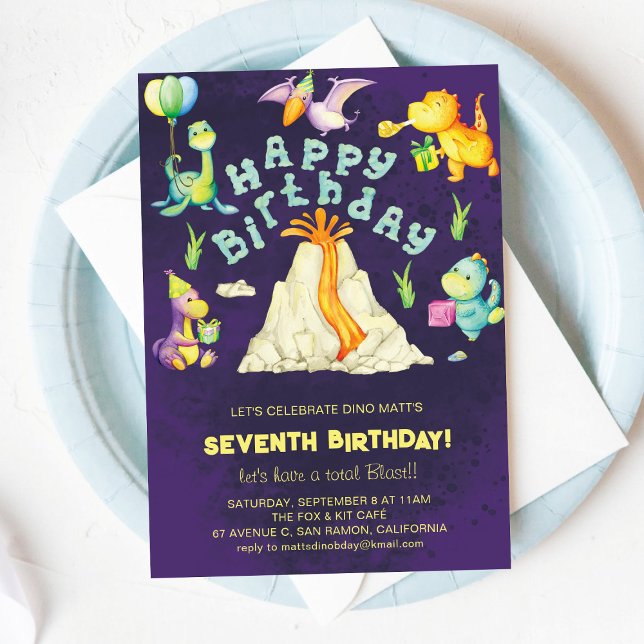 Cute Watercolor Dino Dinosaurs & Volcano Birthday Invitation (Creator Uploaded)