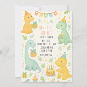 Cute Watercolor Dinosaur 3rd Birthday Invitation