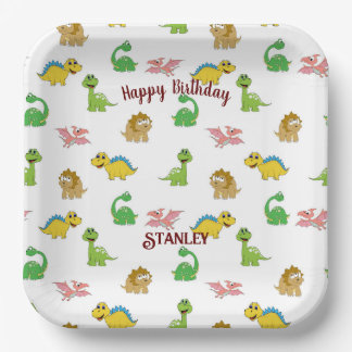 Cute Watercolor Dinosaur Animal Pattern Birthday Paper Plate