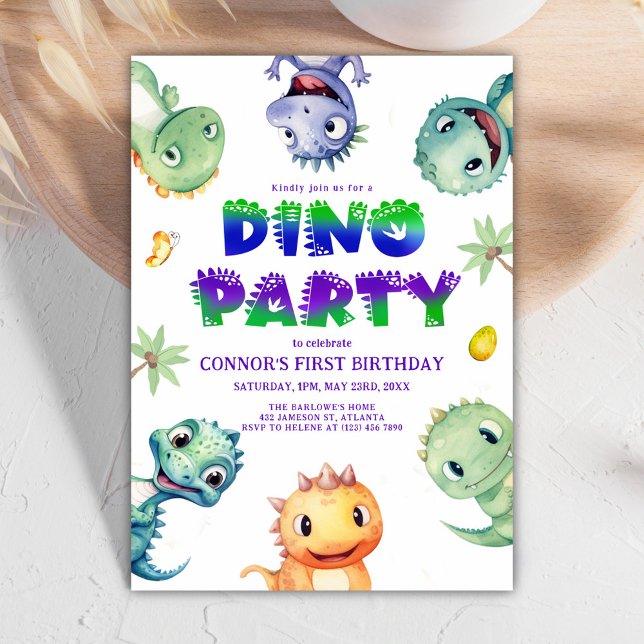 Cute Watercolor Dinosaur First Birthday Party Invitation (Cute Watercolor Dinosaur First Birthday Party Invitation)