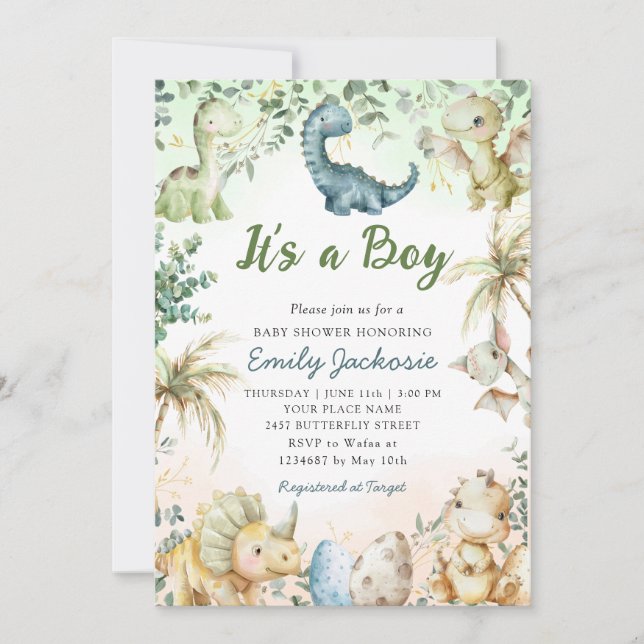 Cute Watercolor Dinosaur Greenery Boy Baby Shower Invitation (Front)
