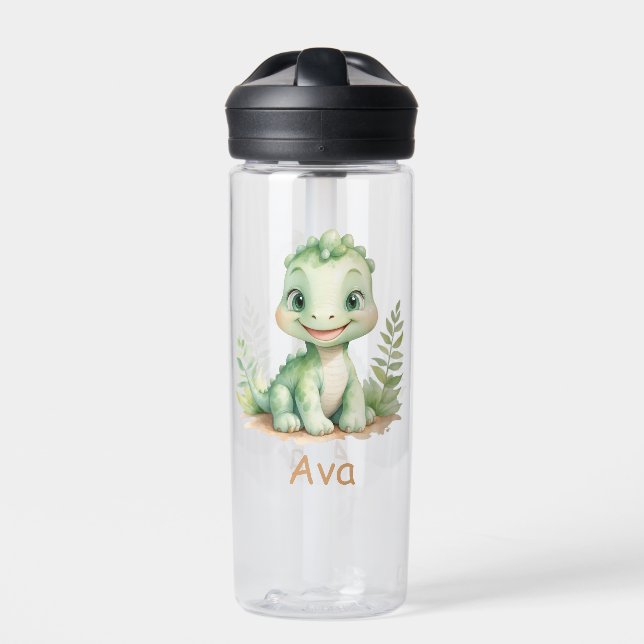 Cute Watercolor Dinosaur Personalized Kids Water Bottle (Front)