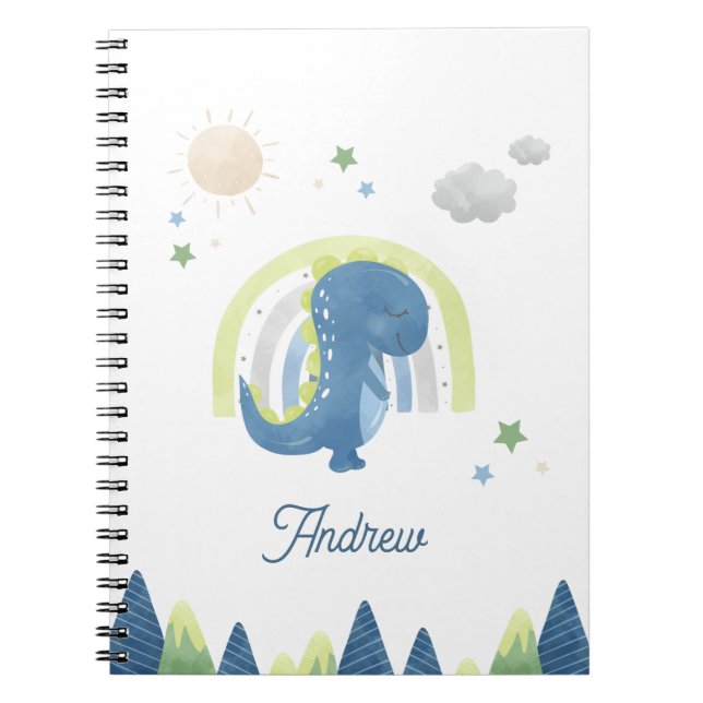 Cute Watercolor Dinosaur T Rex & Rainbow Kid Name Notebook (Front)