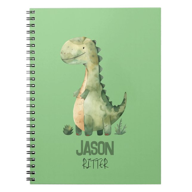 Cute Watercolor Dinosaur With Kids Name Notebook (Front)