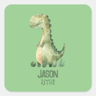 Cute Watercolor Dinosaur With Kids Name Square Sticker