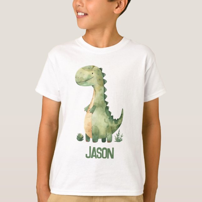 Cute Watercolor Dinosaur With Kids Name T-Shirt (Front)