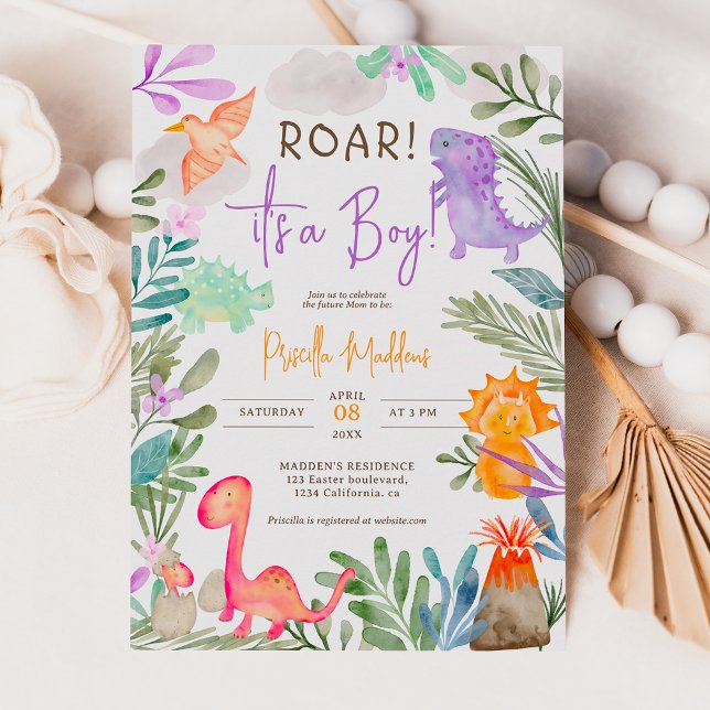 Cute watercolor dinosaurs greenery boy baby shower invitation (Creator Uploaded)