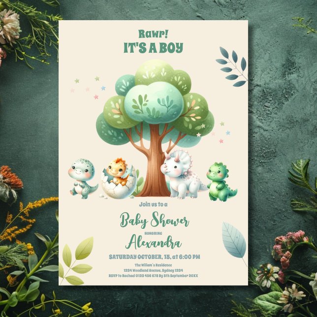 Cute watercolor dinosaurs greenery boy baby shower invitation (Creator Uploaded)