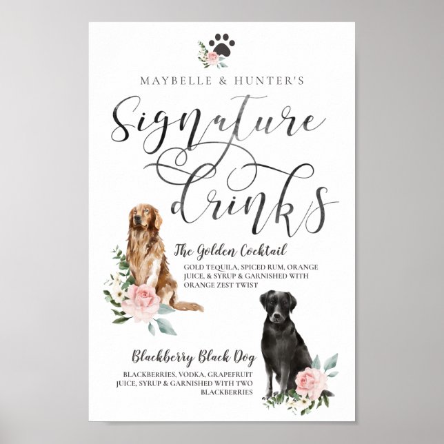 Cute Watercolor Dogs Couple's Signature Drinks Poster (Front)