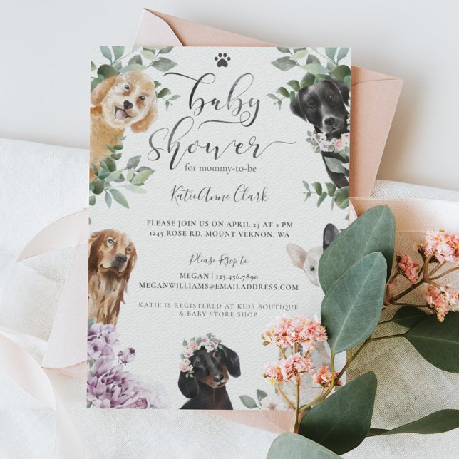 Cute Watercolor Dogs Floral Garden Baby Shower Invitation (Creator Uploaded)