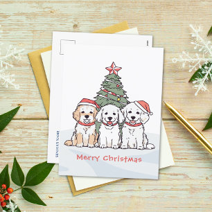 Cute Watercolor Dogs with Santa Hats Christmas Holiday Postcard