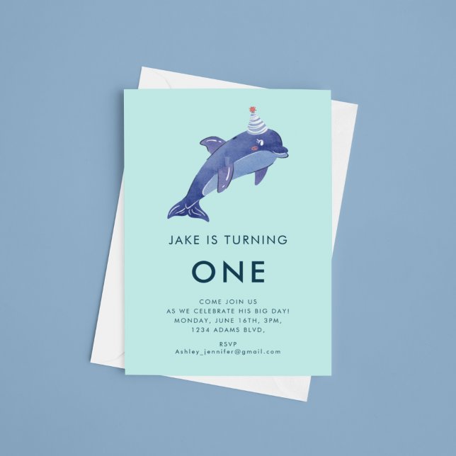Cute Watercolor Dolphin Party Hat Birthday Invitation (Creator Uploaded)