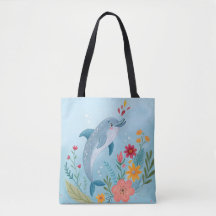 Cute Watercolor Dolphin & Wildflower Garden