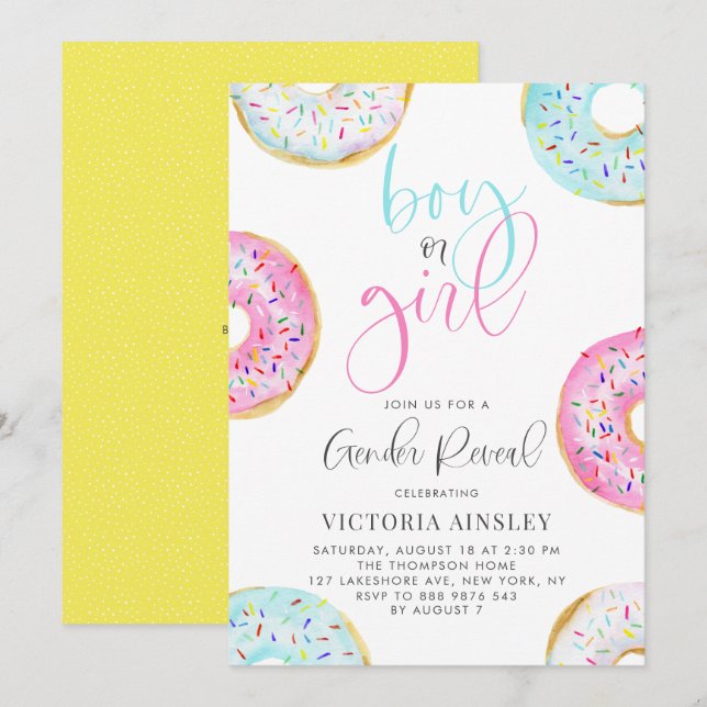 Cute Watercolor Doughnuts Gender Reveal Baby Showe Invitation (Front/Back)