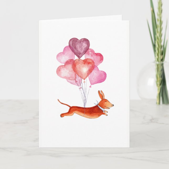 Cute watercolor doxie with heart balloons holiday card (Front)