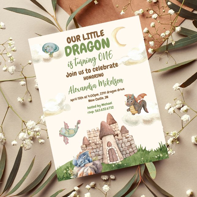 Cute Watercolor Dragon Baby 1st Birthday Invitation (Creator Uploaded)