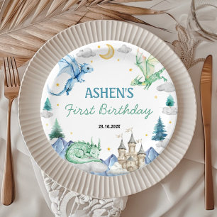 Cute Watercolor Dragon Birthday Paper Plate