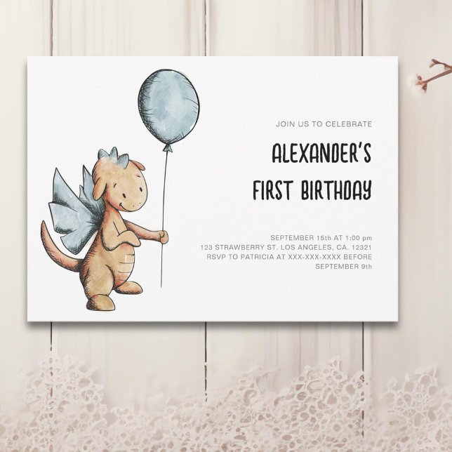 Cute Watercolor Dragon First Birthday Invitation (Creator Uploaded)