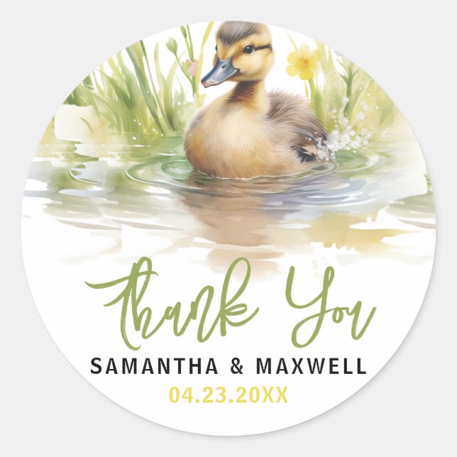 Cute Watercolor Duck Baby Boy Shower Classic Round Sticker (Front)